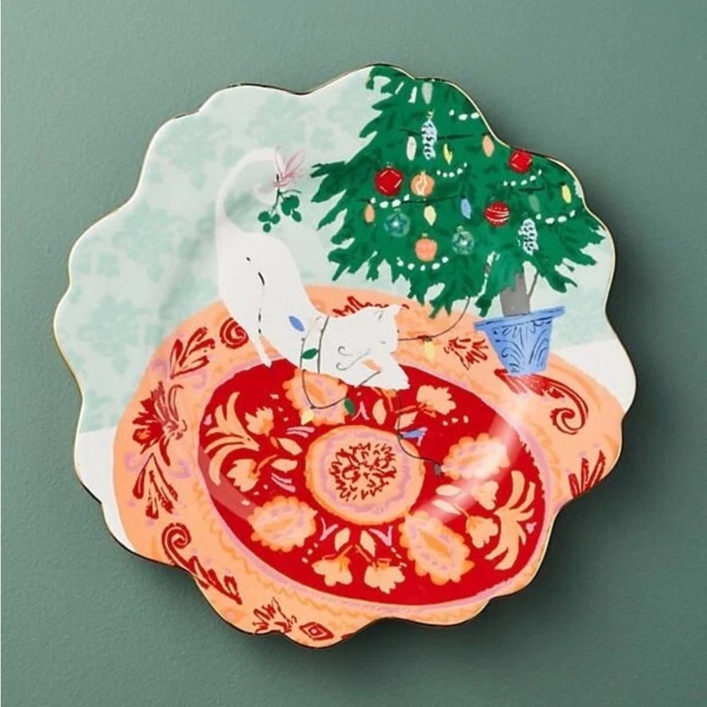 Anthropologie Emily Isabella Kitty Cat Christmas Tree Holiday Spirit Plate